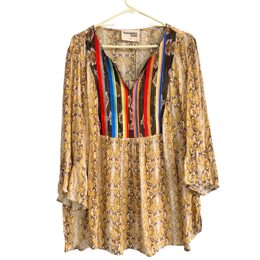 Savanna Jane long-sleeve yellow snake print blouse multicolored embroidered Top